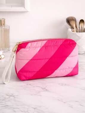 Estée Lauder Pink Striped Cosmetic Bag Makeup Pouch Travel Case Wristlet NWT